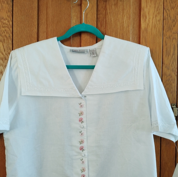 Vintage Karen Scott white embroidered sailor statement collar short sleeve top - Picture 7 of 11